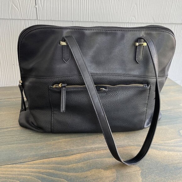 Faux Black Leather Soft Side Handbag Laptop Bag w/Zip Enclosure (ST) - Picture 1 of 9